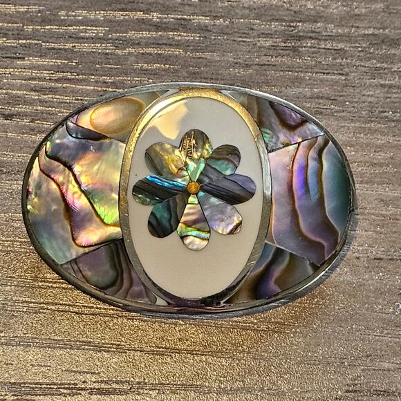 Vintage Alpaca Silver + Abalone Oval Floral Brooch with Pendant Option - Picture 6 of 6